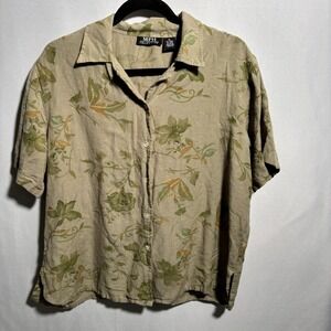 VTG MPH Collection Green Linen Blend Button Up Top Floral Short Sleeve XL Blouse